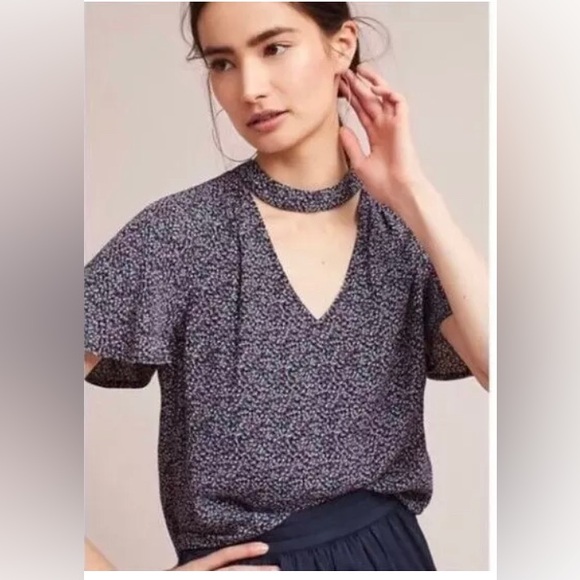 EUC Maeve Bella Blue Ditsy Dots Flutter Sleeve Choker Blouse - Picture 3 of 3